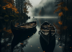Dwie, Łódki, Jezioro, Góry, Mgła, Jesień, Drzewa