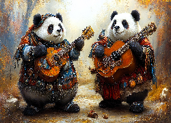 Dwie, Pandy wielkie, Kolorowe, Ubrania, Gitary, AI