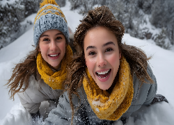 Dwie, Młode, Roześmiane, Dziewczyny, Szaliki, Zima