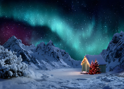 Góry, Zima, Zorza polarna, Domek, Drewniany, Choinki