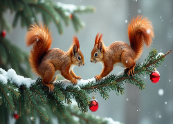 Dwie, Rude, Wiewiórki, Czerwone, Bombki, Ośnieżona, Gałązka