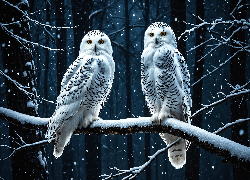 Dwie, Sowy śnieżne, Zima, Gałąź, Noc