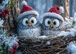 Sowy, Gniazdo, Drzewo, Czapki, Grafika AI