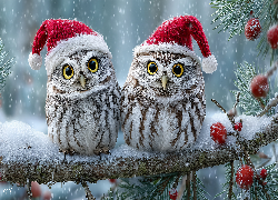 Dwie, Sowy, Czapki, Gałązki, Zima, Grafika AI