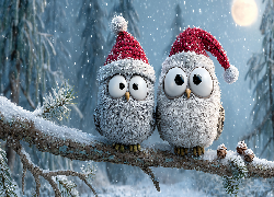 Dwie, Sowy, Czapki, Grafika AI