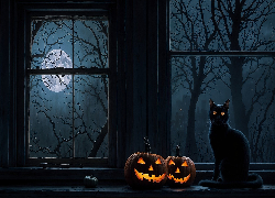 Halloween, Kot, Dynie, Księżyc, Okno