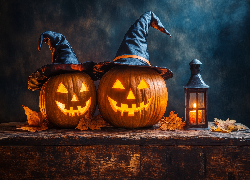 Dynie, Kapelusze, Lampion, Halloween, AI