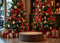 Choinki, Prezenty, Podium, Okno, Boże Narodzenie, Grafika AI