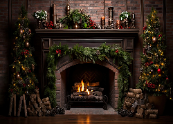 Choinki, Kominek, Dekoracje, Boże Narodzenie, Grafika AI