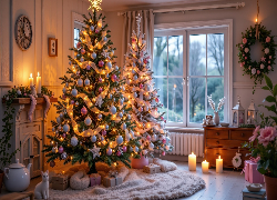 Salon, Boże Narodzenie, Dwie, Choinki, Bombki, Prezenty