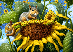 Dwie, Wiewiórki, Słonecznik, Grafika