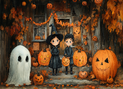 Halloween, Dzieci, Dynie, Duszek, Dom, Dekoracje, AI