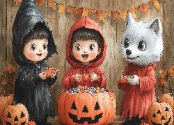 Halloween, Dzieci, Wilk, Dynie, Cukierki