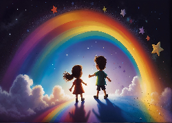 Dzieci, Tęcza, Gwiazdy, Chmury