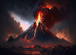 Wulkan, Erupcja, Dym, Grafika AI