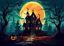 Halloween, Fantasy, Księżyc, Dom, Drzewa, Dynia, Ptaki, Droga