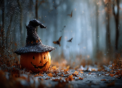 Halloween, Dynia, Kapelusz, Liście, Nietoperze, Grafika AI