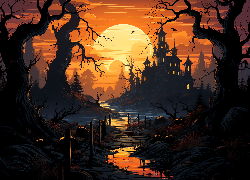 Fantasy, Zamek, Księżyc, Drzewa, Rzeka, Dynie