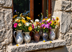 Okno, Parapet, Kolorowe, Kwiaty, Dzbanki