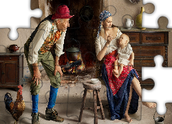 Ludzie, Kobieta, Mężczyzna, Dziadek, Mama, Dziecko, Niemowlę, Izba, Kogut
