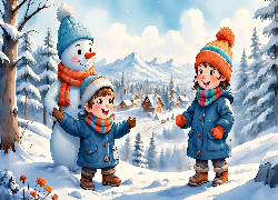 Dzieci, Zima, Bałwan, Zabawa, Dla dzieci