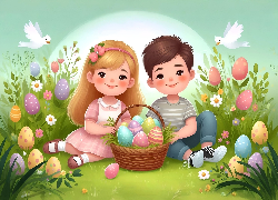 Wielkanoc, Dzieci, Pisanki, Łąka, Koszyk