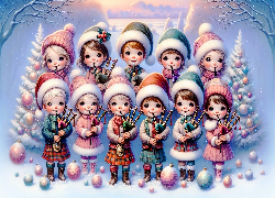 Zima, Boże Narodzenie, Choinki, Kolorowe, Bomki, Dzieci, Czapki, Stroje, Instrumenty, Dudy, Grafika