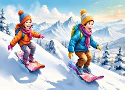 Dzieci, Zima, Deska snowboardowa, Góry, Dla dzieci