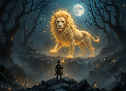 Fantasy, Lew, Dziecko, Księżyc