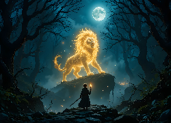 Lew, Skała, Chmury, Księżyc, Dziecko, Fantasy