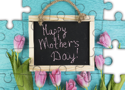 Dzień Matki, Niebieskie, Deski, Różowe, Tulipany, Tabliczka, Napis