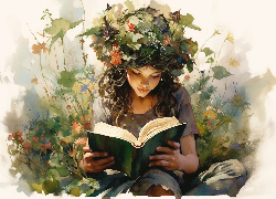 Dziewczyna, Książka, Liście, Kwiaty, Wianek, Paintography