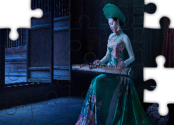 Dziewczyna, Azjatka, Zielona, Sukienka, Kapelusz, Instrument, Guzheng