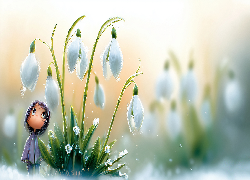 Przebiśniegi, Białe, Kwiaty, Dziewczyna, Grafika AI