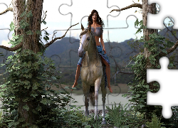 Dziewczyna, Koń, Drzewa, Liście, 3D