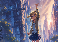 Dziewczyna, Deszcz, Domy, Anime