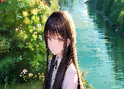 Dziewczyna, Rzeka, Rośliny, Kwiaty, Anime