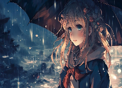 Dziewczyna, Parasol, Morze, Anime