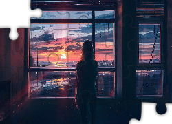Okno, Zachód słońca, Dziewczyna, Grafika Paintography