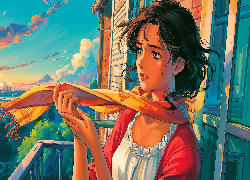 Anime, Dziewczyna, Apaszka, Balkon