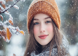 Długowłosa, Kobieta, Czapka, Ośnieżona, Gałązka