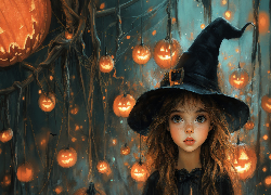 Halloween, Dziewczynka, Czapka, Dynie, AI