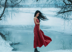 Zima, Śnieg, Rzeka, Dziewczyna, Czerwona, Sukienka