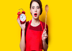 Dziewczyna, Czerwony, Fartuch, Drewniana, Łyżka, Zegar, Budzik