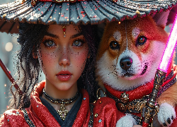 Dziewczyna, Pies, Miecz, Grafika AI