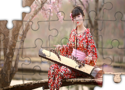 Dziewczyna, Kimono, Instrument, Koto