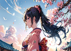 Dziewczyna, Profil, Kimono, Kwiaty, Ptaki, Anime