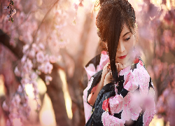 Dziewczyna, Kolorowa, Bluzka, Kwitnące, Drzewa