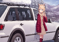 Dziewczyna, Uszy, Samochód, Zima, Anime