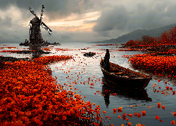 Jezioro, Łódka, Dziewczyna, Maki, Wiatrak, Niebo